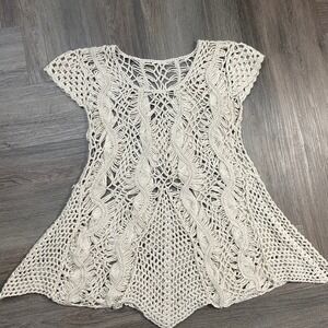 Crochet Knit Tunic Cover Up Womens Small Cream Sleeveless‎ Boho Beach Festival